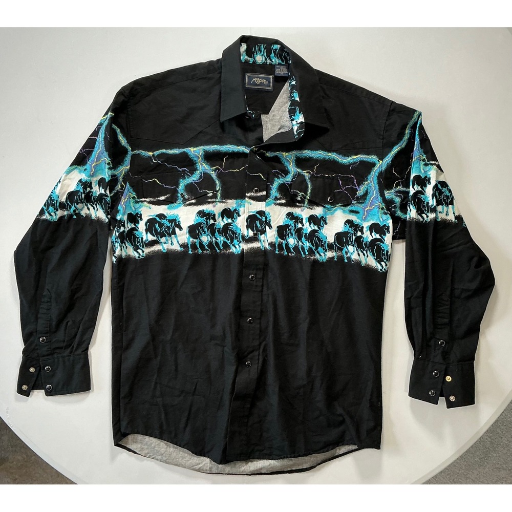 VTG 90s Roper Western Wrap Pearl Snap Horse Lightning Shirt Black Blue Men M